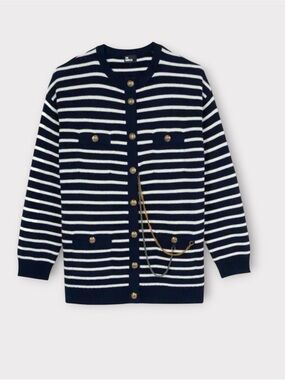 THE KOOPLES French Luxury NWT Navy & Cream Striped Wool Cardigan w/ Chain Detail